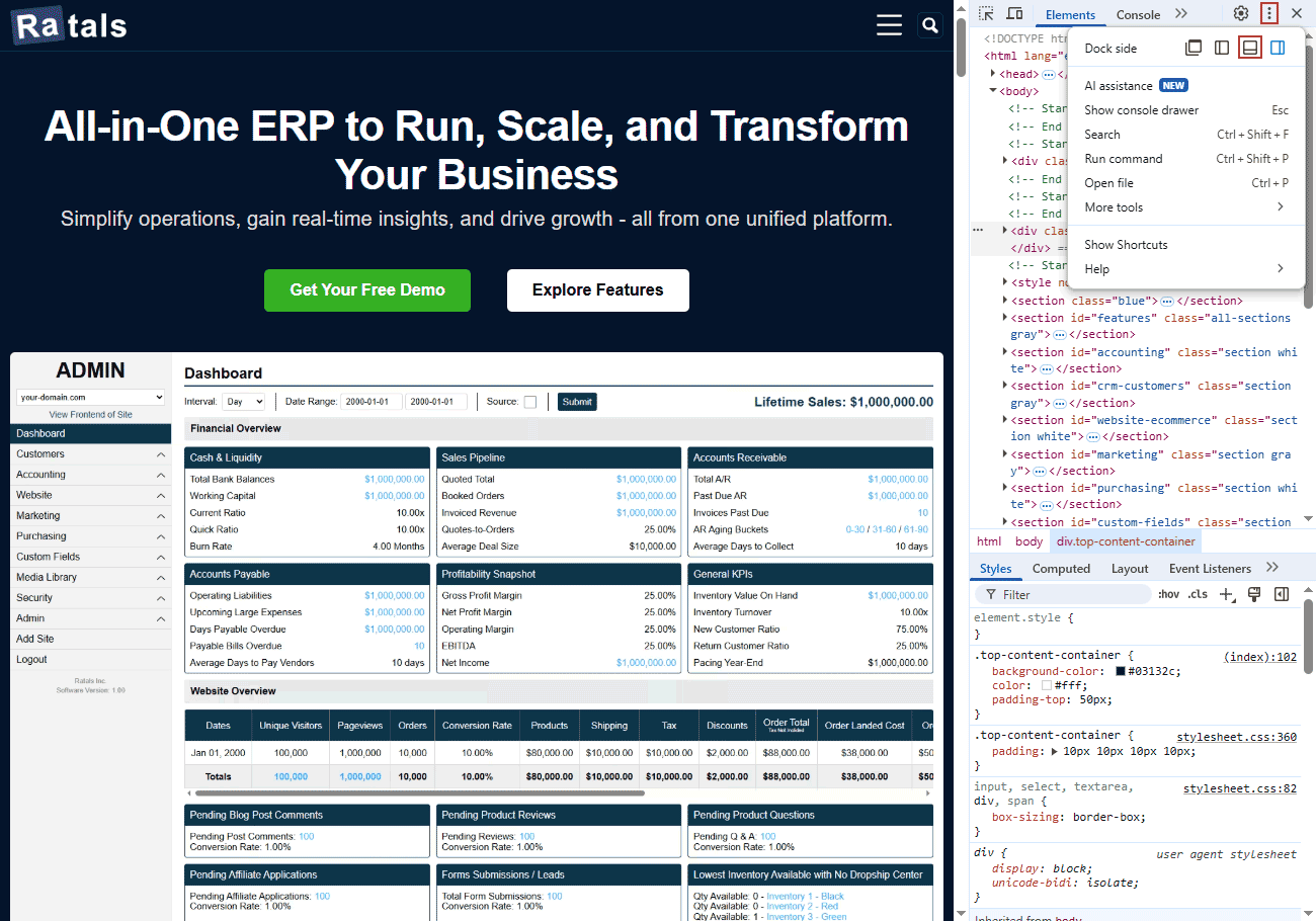 Showing Google Chrome DevTools and 'Dock to Bottom' option