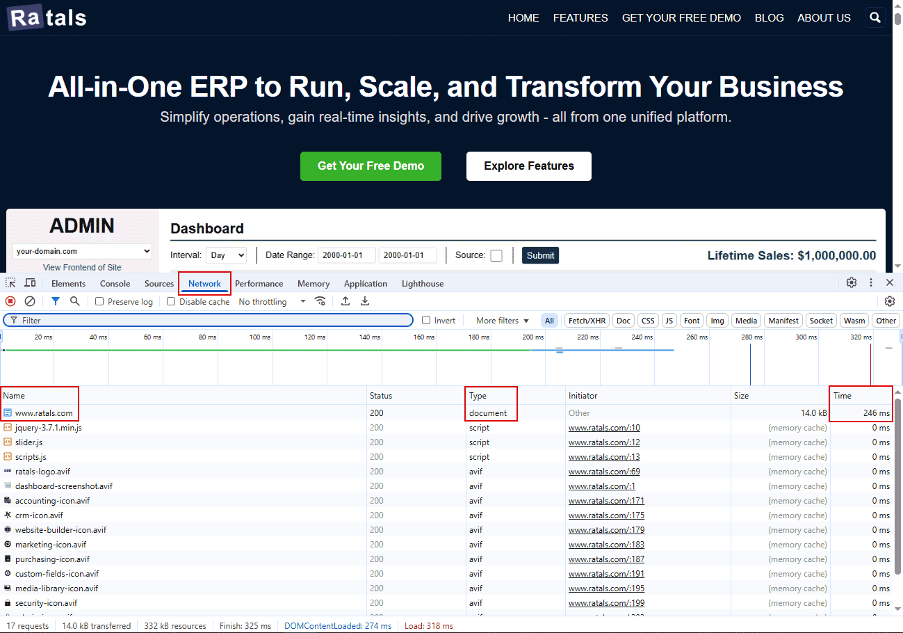 Showing Google Chrome DevTools and where to find Document Load Time