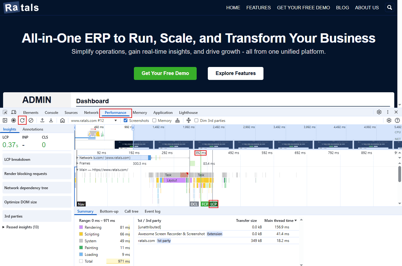 Google Chrome DevTools showing where to find LCP in the Performance timeline
