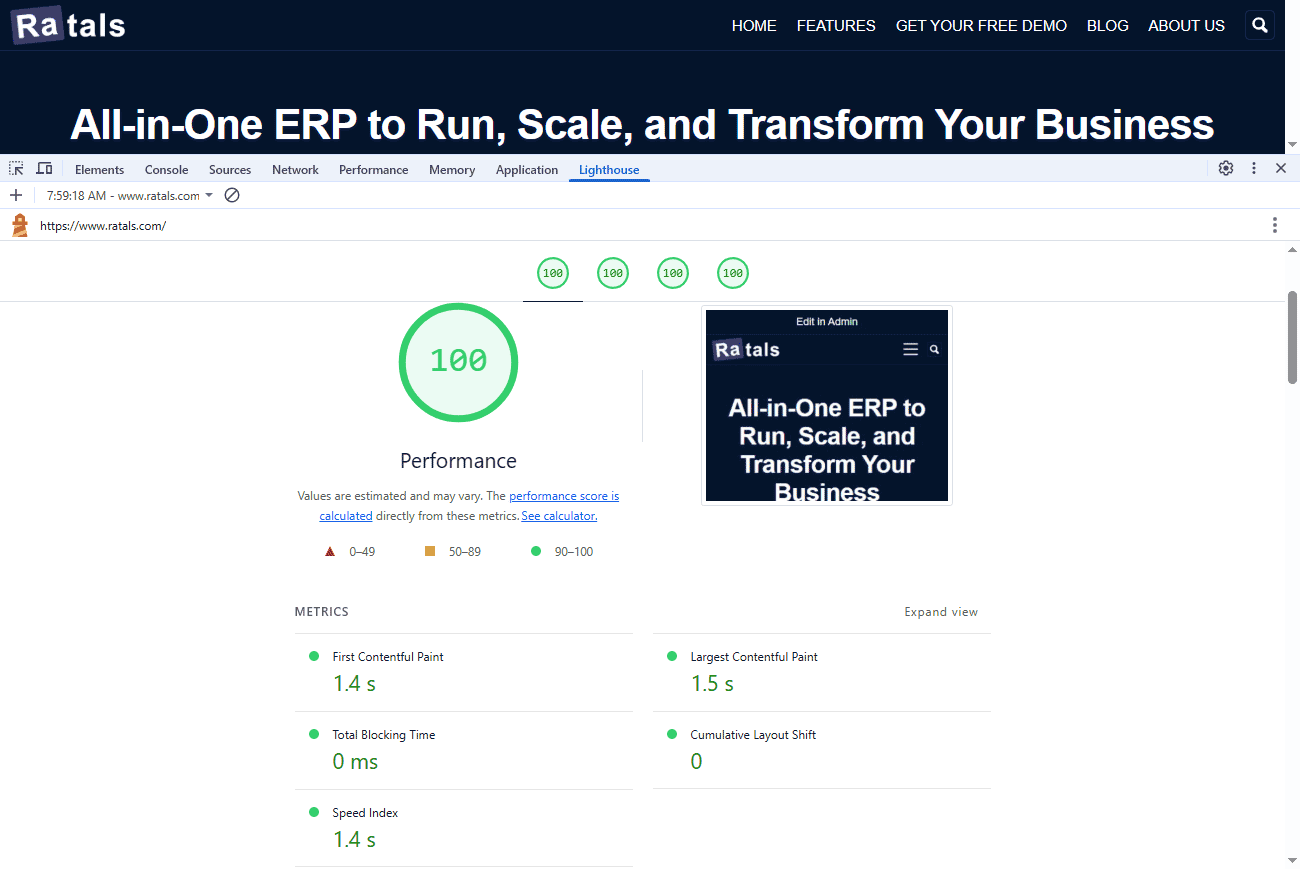Google Chrome DevTools showing Ratals.com FCP scores in Lighthouse Mobile