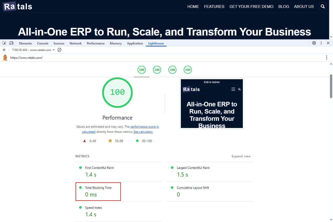Google Chrome DevTools showing Ratals.com TBT scores in Lighthouse Mobile