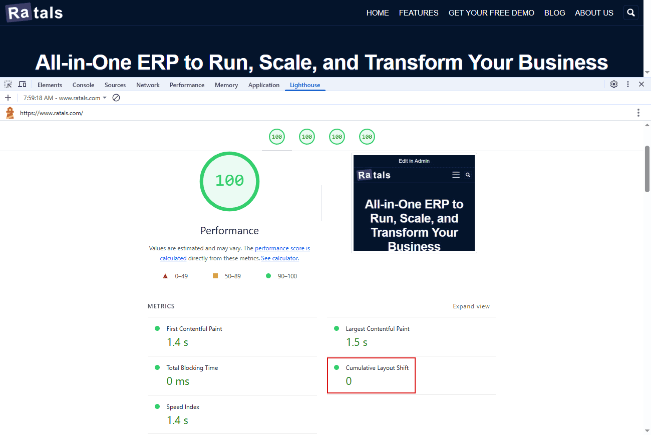Google Chrome Devtools showing Ratals.com CLS scores in Lighthouse Mobile