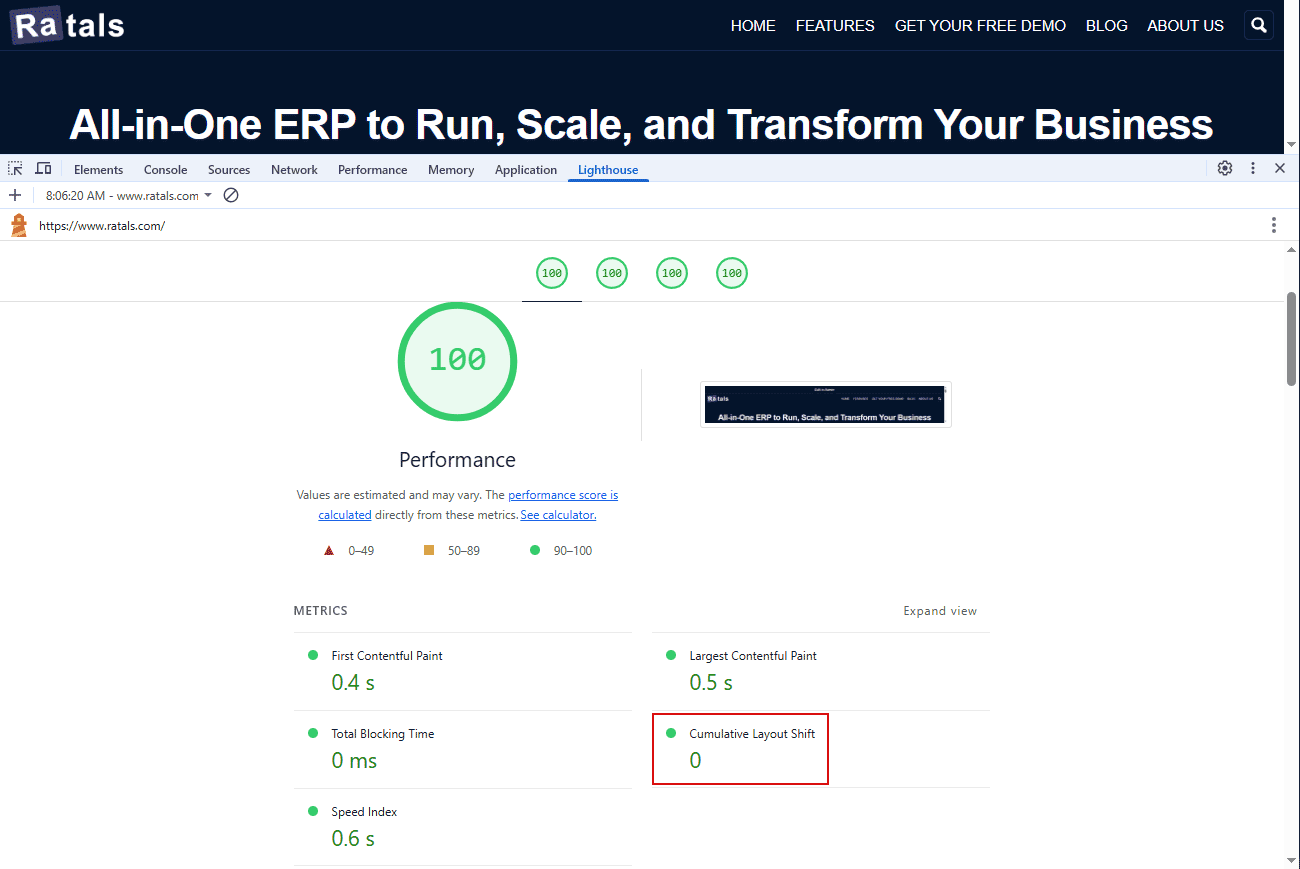 Google Chrome Devtools showing Ratals.com CLS Desktop results