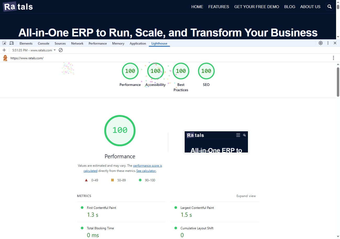 Google Chrome Devtools showing Ratals.com mobile speed test with caching on