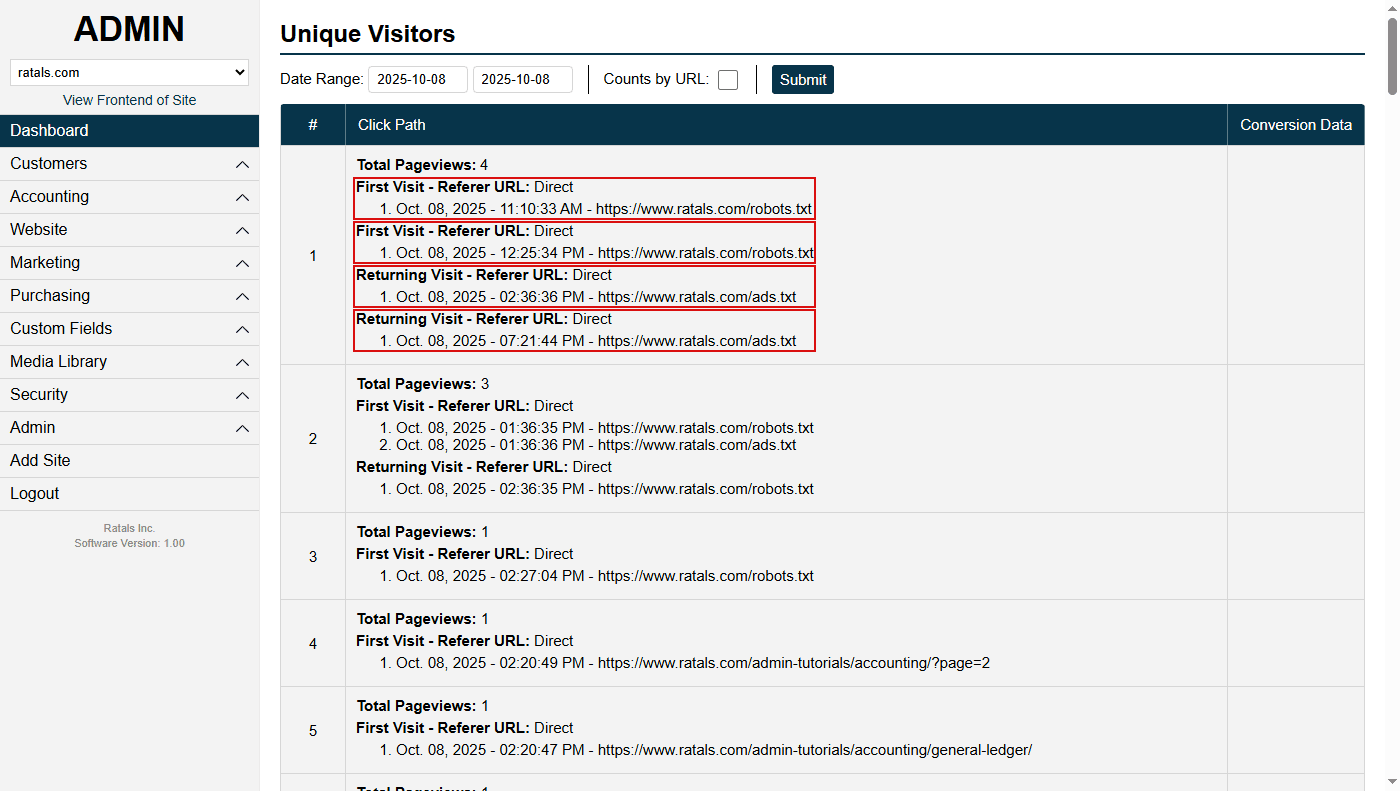 Visitor Click Path Report Example in Ratals ERP