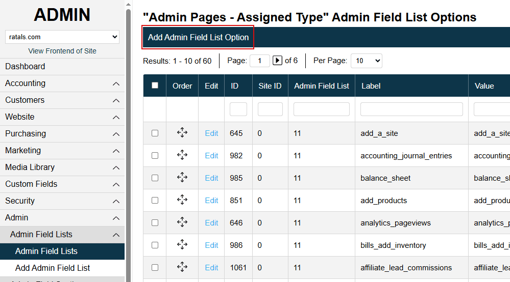 Assigned Type Add Admin Field List Option
