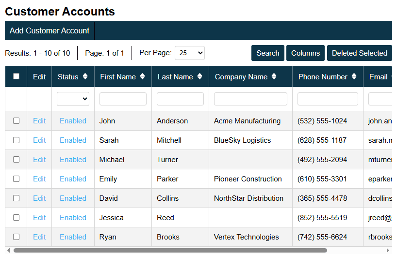 Customer Accounts Screenshot