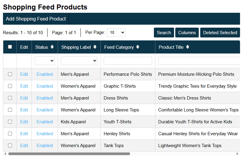 Shopping Feed Products Screenshot
