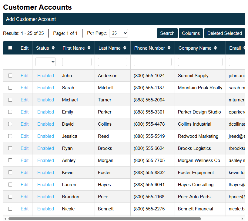 Customer Accounts Screenshot