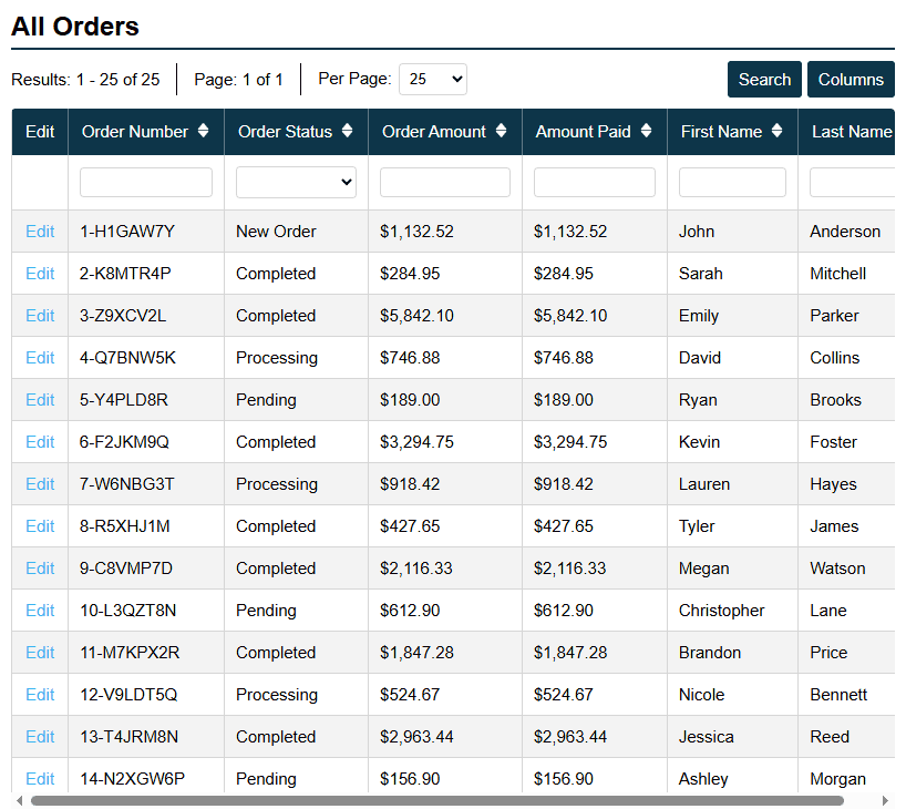 All Customer Orders Screenshot
