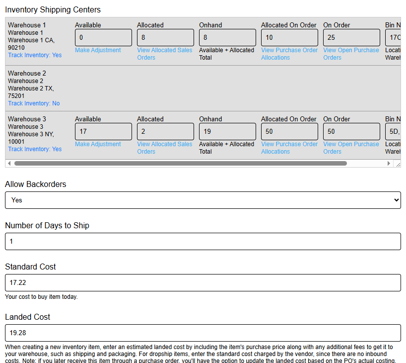 Inventory Shipping Center Quantities