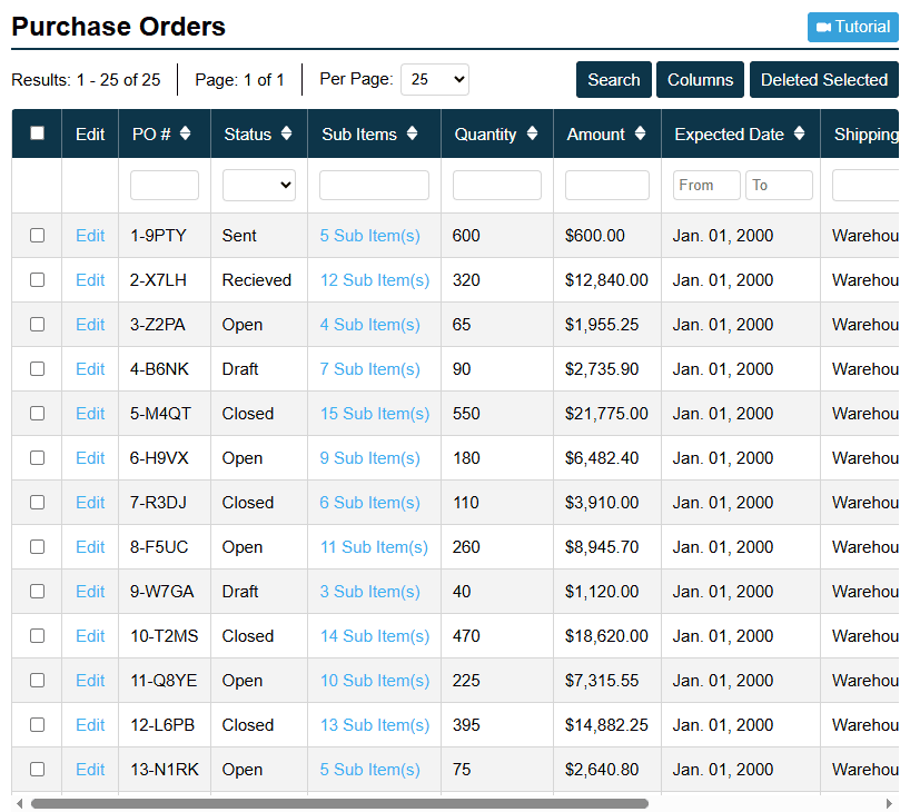 Purchase Orders Screenshot