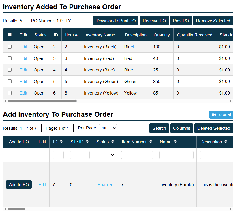 Inventory Added To Purchase Orders Screenshot