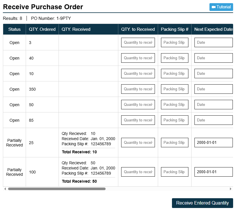Receive Purchase Order Screenshot