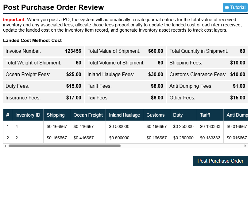 Post Purchase Order Review Screenshot