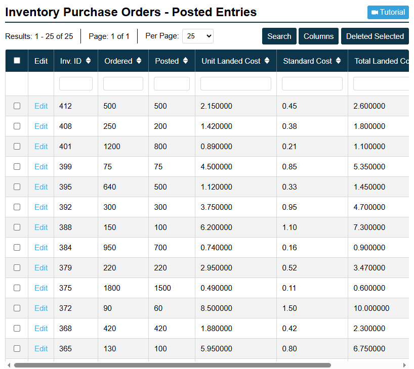 Inventory Purchase Orders Posted Entries Screenshot