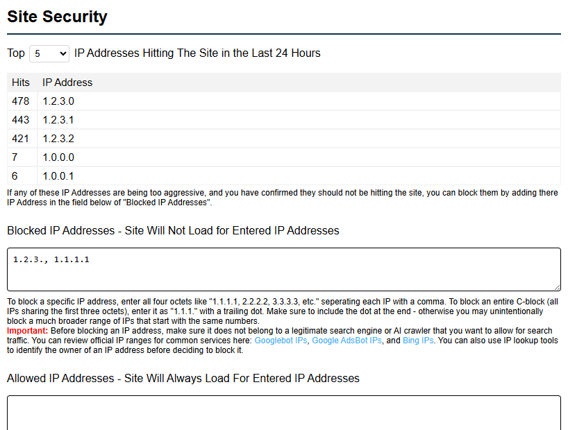 Site Security Screenshot
