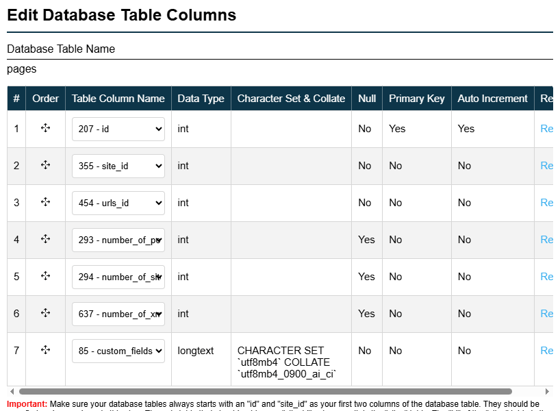 Edit Database Table Columns Screenshot
