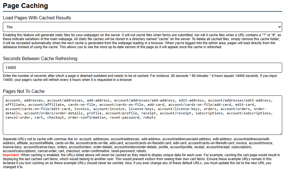 Website Caching Settings