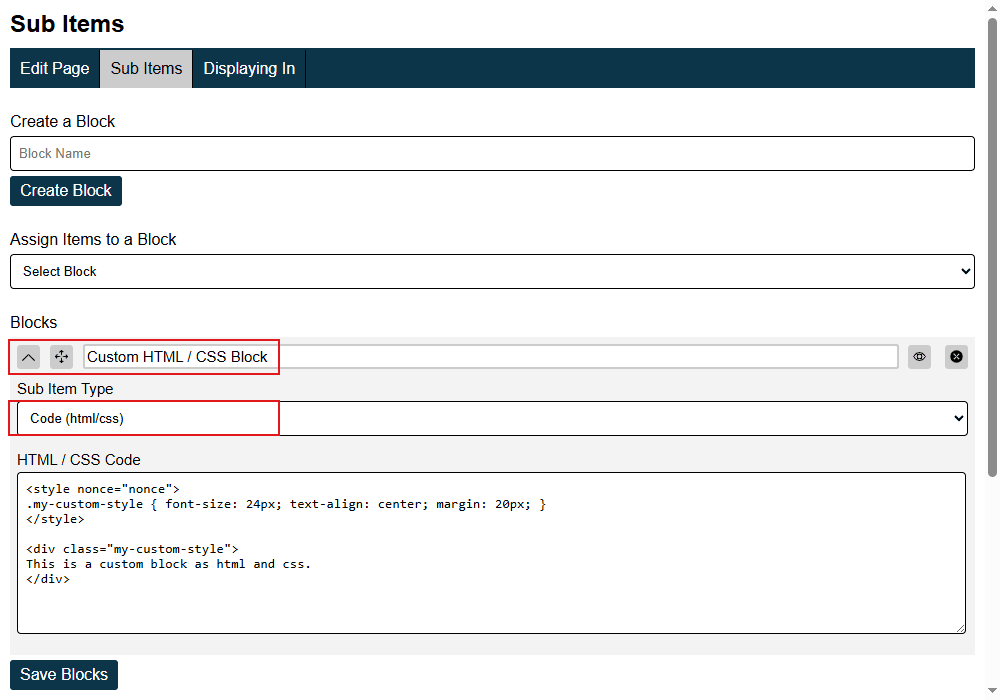 Sub Items Custom Html Css