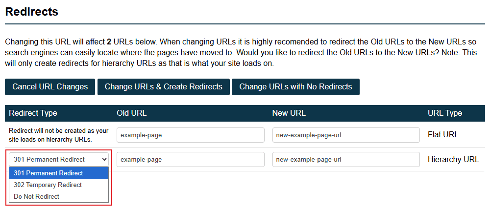 Url Change Individual Redirect Selection