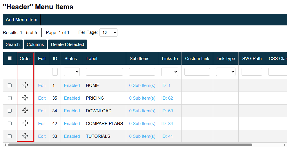 Menu Builder Ordering