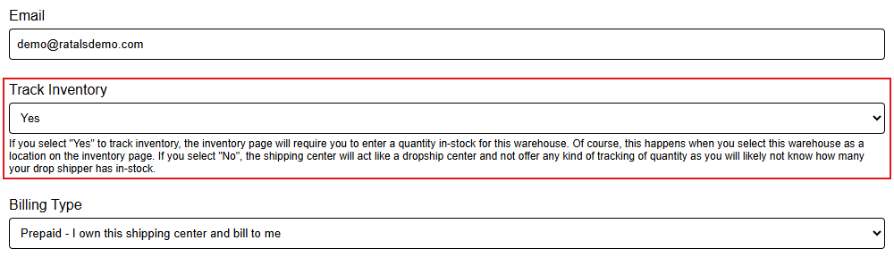 Ratals Inventory Quantity Tracking Setting