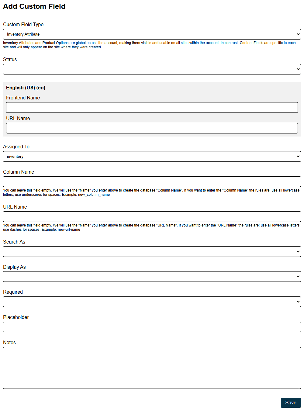 Custom Fields Creation Display Type Options