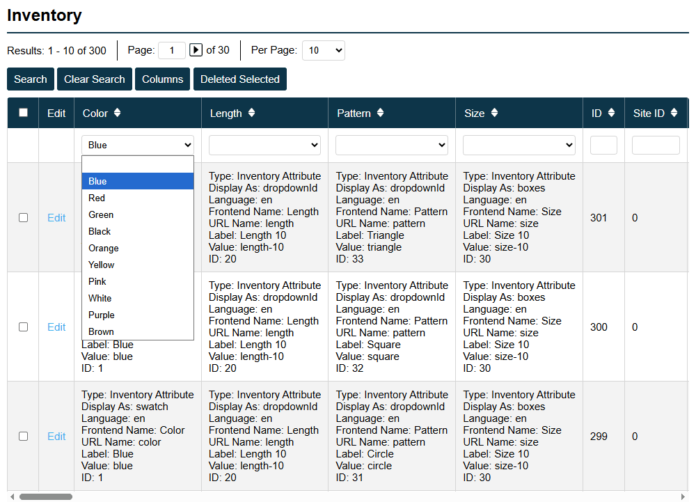 Inventory Admin Table With Attribute Columns