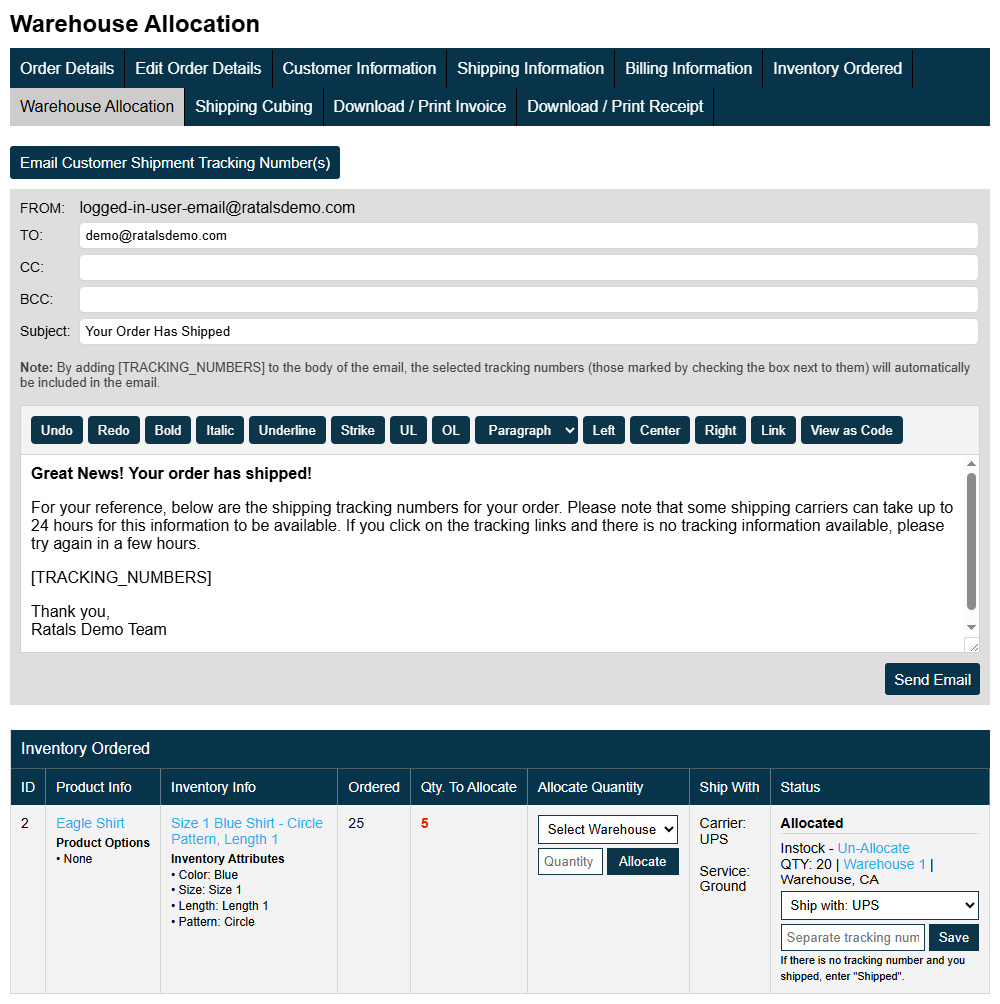 Order Warehouse Allocation Screen