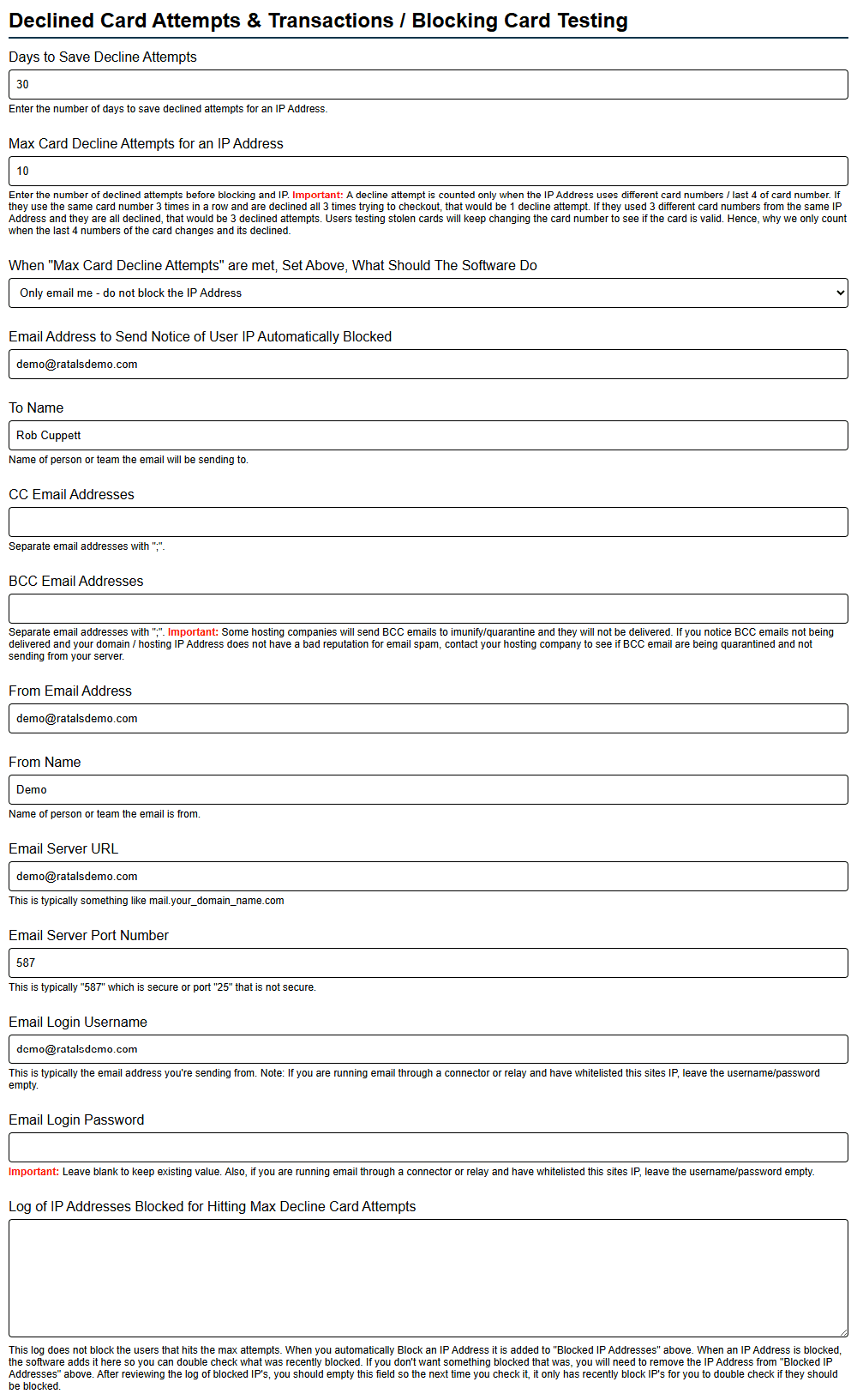 Declined Card Settings In Admin