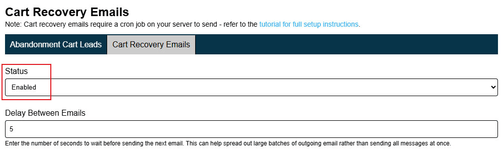 Ratals Commerce Cart Recovery Emails Main Status