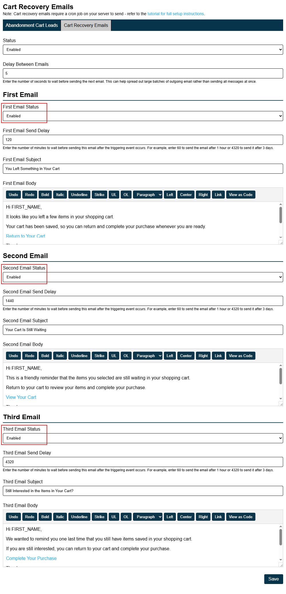Ratals Commerce Cart Recovery Each Email Status