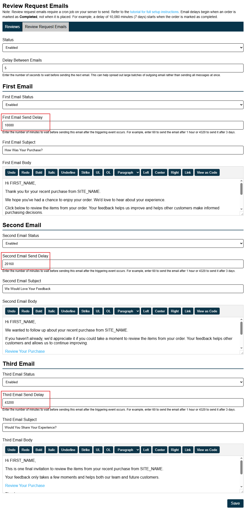 Ratals Commerce Review Request Each Email Send Delay