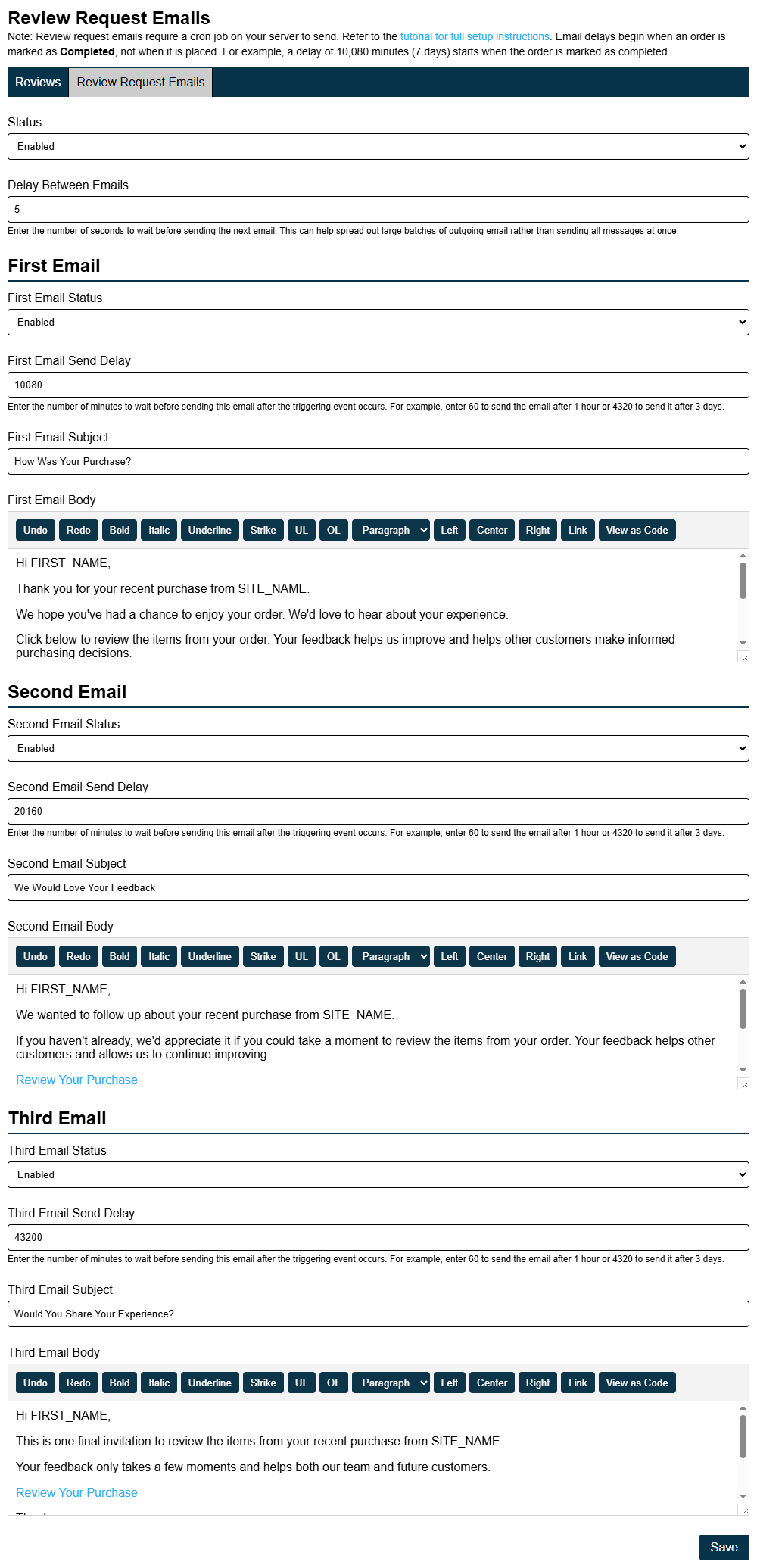 Review Request Email Settings