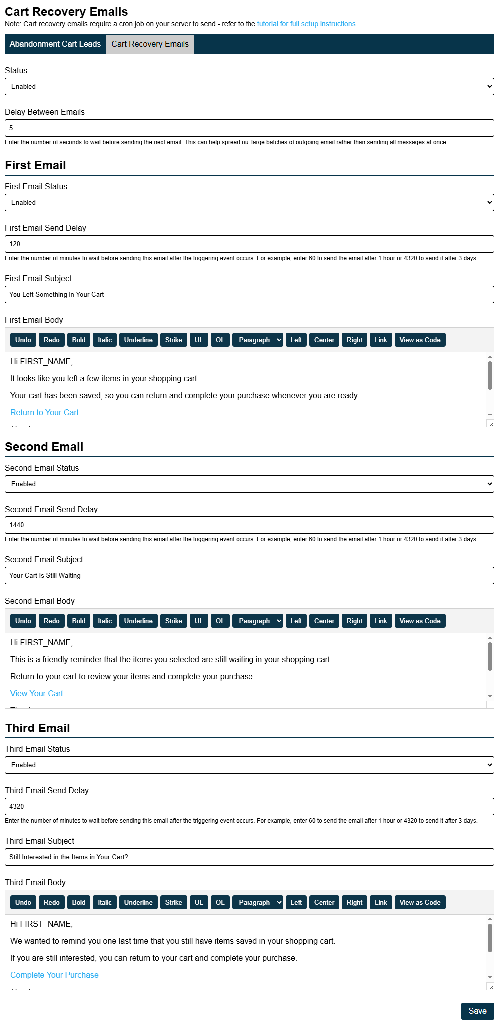 Shopping Cart Recovery Email Settings